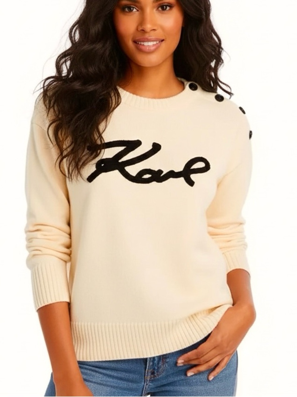 Karl Lagerfeld Paris Cream 'Karl' Script Logo Shoulder Button Sweater M